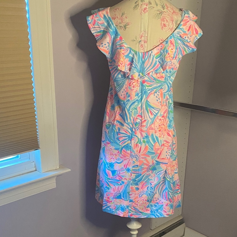 Lilly Pulitzer Ruffle-Neck Mini Dress in Coral, Aqua & Pink - Picture 6 of 10